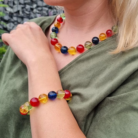 Multi-Color Amber Round Beads Necklace 14k Gold Plated