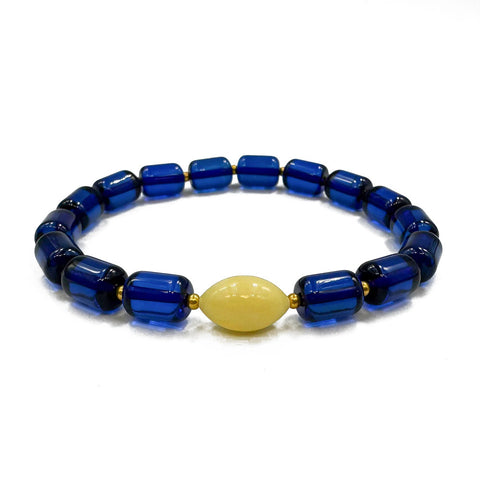 Blue Amber Barrel Beads Stretch Bracelet
