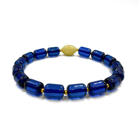 Blue Amber Barrel Beads Stretch Bracelet