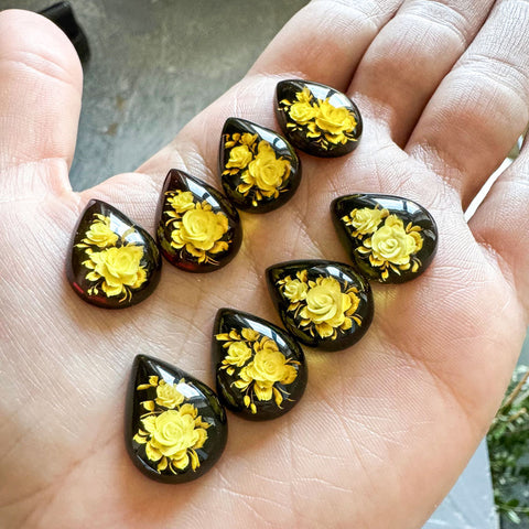 Cherry Amber Engraved Flower Drop Shape Cabochon
