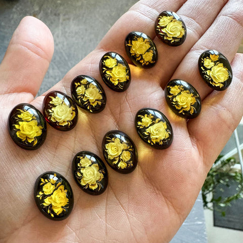 Cherry Amber Engraved Flower Oval Shape Cabochon