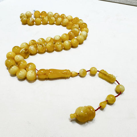 White With Yellow Amber Round Shape 13 mm Islamic Prayer Beads