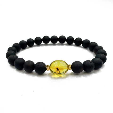 Cherry & Insect Amber Round Beads Stretch Bracelet