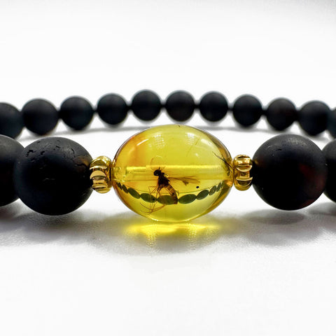 Cherry & Insect Amber Round Beads Stretch Bracelet