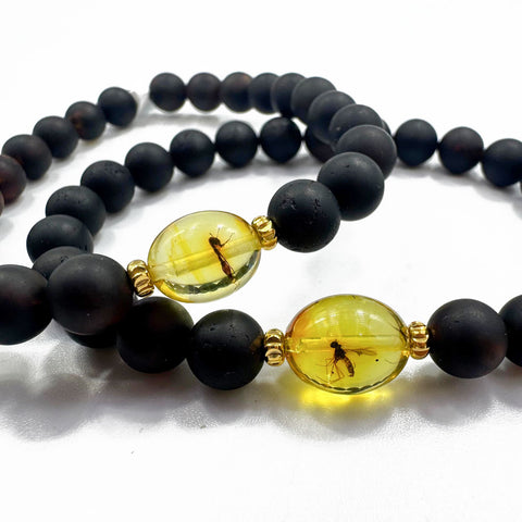 Cherry & Insect Amber Round Beads Stretch Bracelet