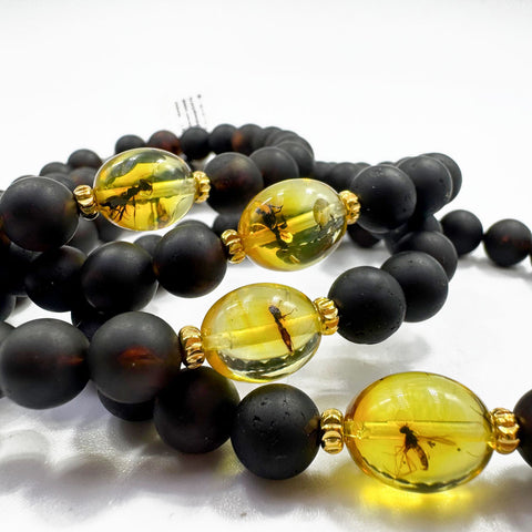 Cherry & Insect Amber Round Beads Stretch Bracelet