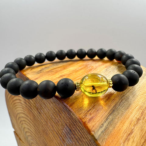 Cherry & Insect Amber Round Beads Stretch Bracelet