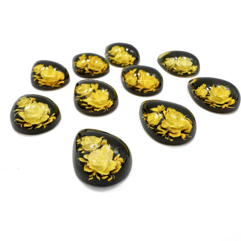 Cherry Amber Engraved Flower Drop Shape Cabochon