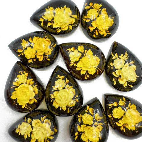 Cherry Amber Engraved Flower Drop Shape Cabochon