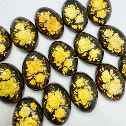 Cherry Amber Engraved Flower Oval Shape Cabochon