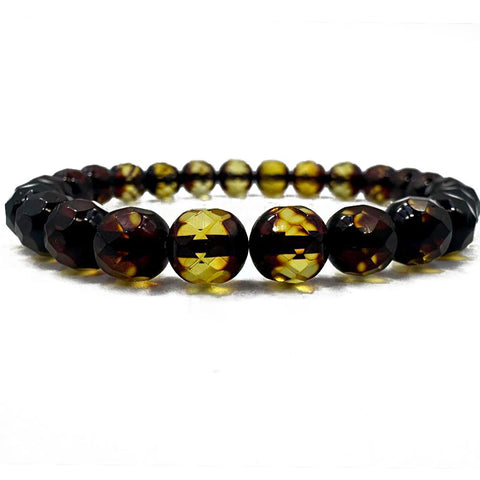 SPARKLING ELEGANCE Two-Tones Amber Faceted Round Beads Stretch Bracelet