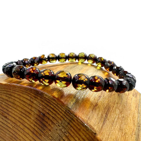 SPARKLING ELEGANCE Two-Tones Amber Faceted Round Beads Stretch Bracelet