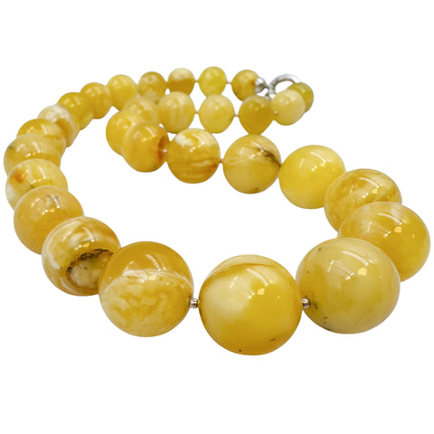 Milky Amber Round Beads Necklace Sterling Silver