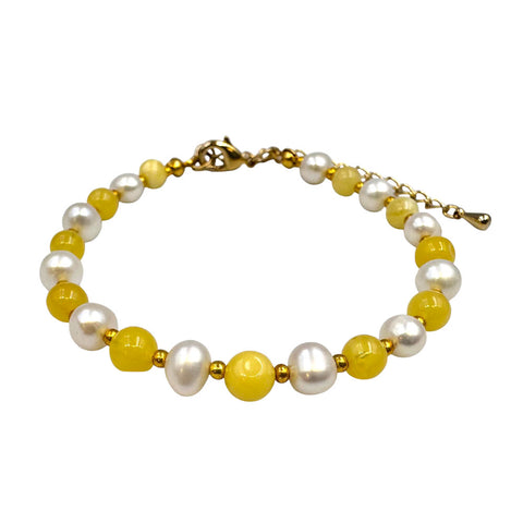 Milky Amber And Pearls Baroque Beads Bracelet 14k Gold Plated