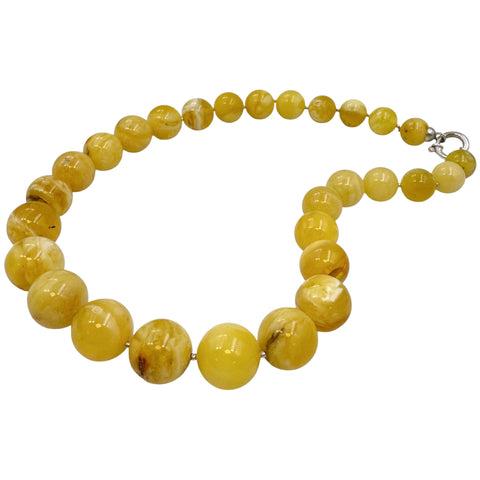 Milky Amber Round Beads Necklace Sterling Silver