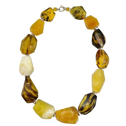 Multi-Color Amber Faceted Nugget Beads Necklace Sterling Silver