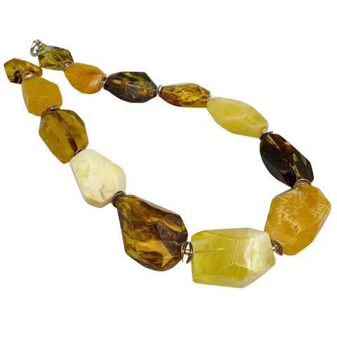 Multi-Color Amber Faceted Nugget Beads Necklace Sterling Silver