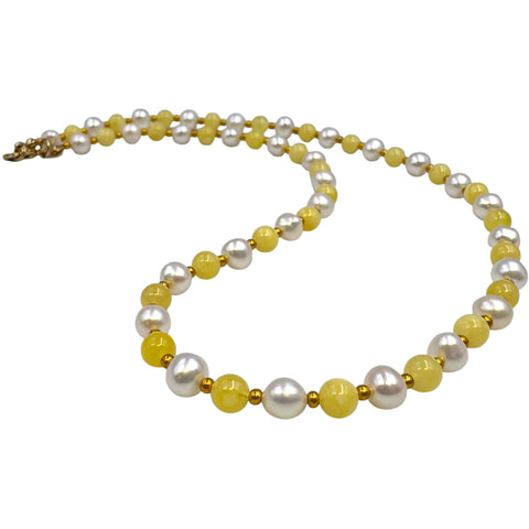 Milky Amber and Pearls Baroque Beads Necklace 14k Gold Plated