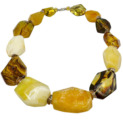 Multi-Color Amber Faceted Nugget Beads Necklace Sterling Silver