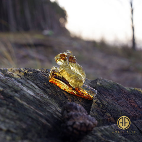 Fossil Amber Carved Squirrel Figurine