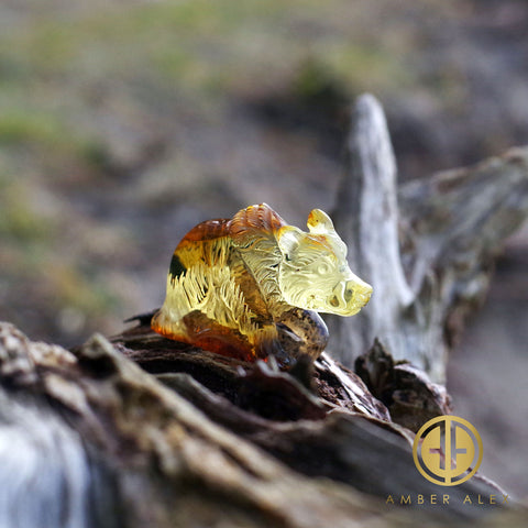 Fossil Amber Carved Bear Figurine