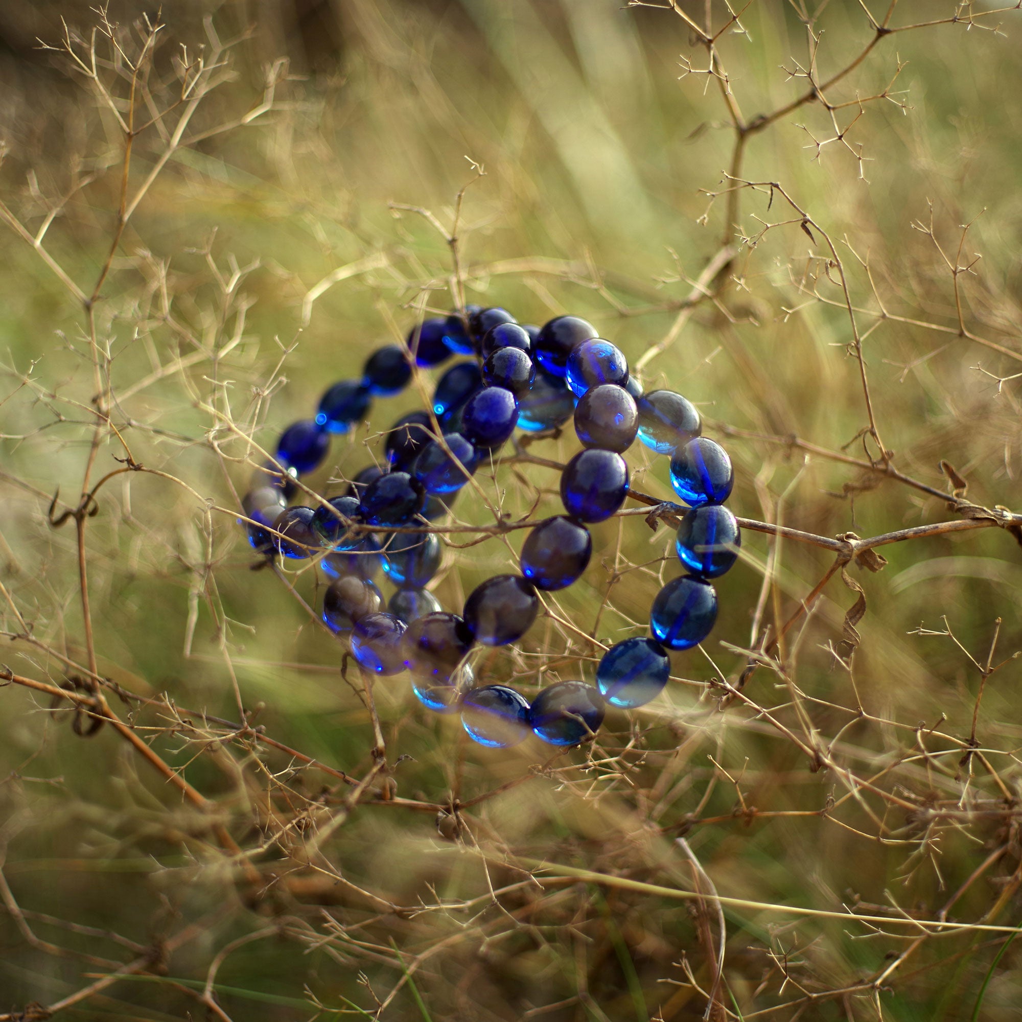 Blue Amber Olive Beads Stretch Bracelet
