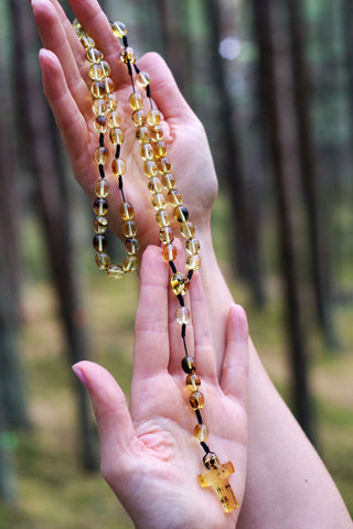 Fossil Amber Olive Beads Catholic Rosary With Cross Pendant