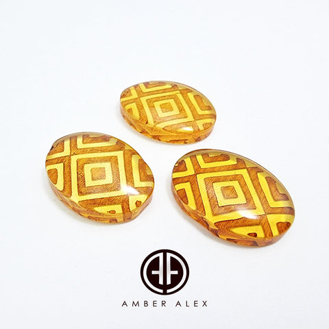 Cognac Amber Engraved Ornaments Oval Shape Cabochon