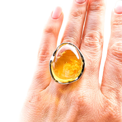 Lemon Amber Free Shape Adjustable Ring Sterling Silver