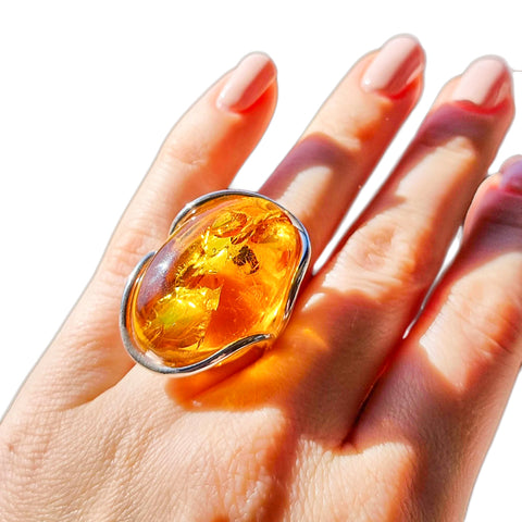 Cognac Amber Free Shape Adjustable Ring Sterling Silver