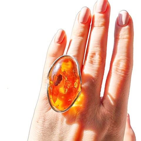 Cognac Amber Free Shape Adjustable Ring Sterling Silver