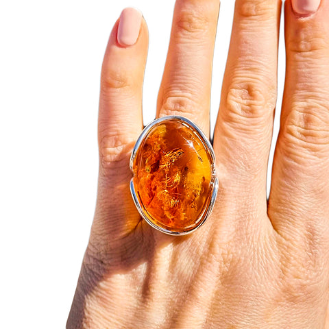 Cognac Amber Free Shape Adjustable Ring Sterling Silver