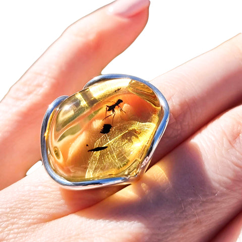 Natural Color Amber Free Shape Bead Adjustable Ring Sterling Silver With Insect