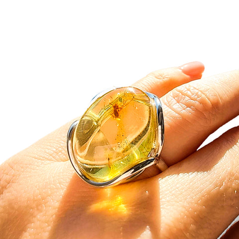 Natural Amber Free Shape Bead Adjustable Ring Sterling Silver With Insect