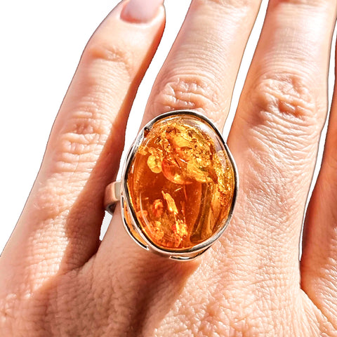 Cognac Amber Free Shape Adjustable Ring Sterling Silver