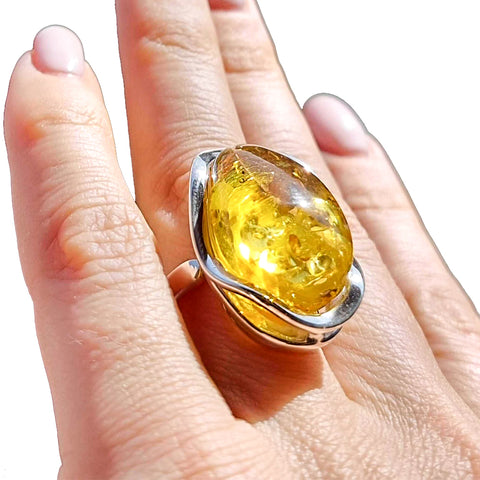 Lemon Amber Free Shape Adjustable Ring Sterling Silver