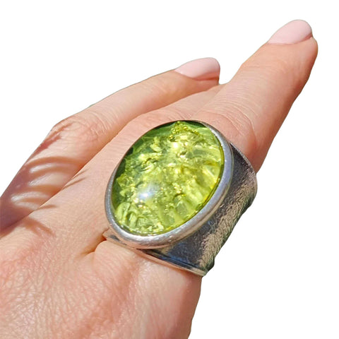 Green Amber Free Shape Adjustable Ring Sterling Silver