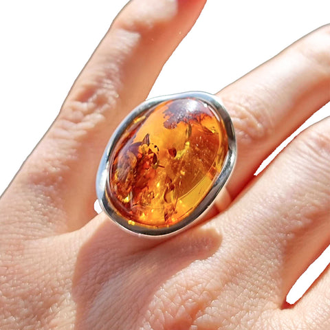 Cognac Amber Free Shape Adjustable Ring Sterling Silver