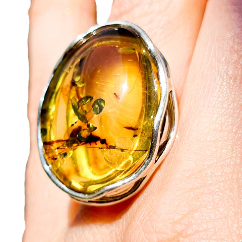 Green Amber Free Shape Bead Adjustable Ring Sterling Silver With Insect