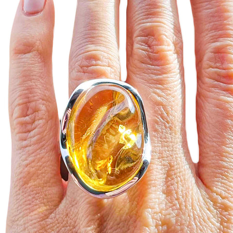 Lemon Amber Free Shape Adjustable Ring Sterling Silver