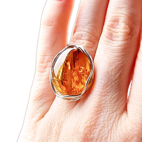 Cognac Amber Free Shape Adjustable Ring Sterling Silver