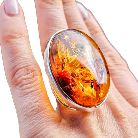 Cognac Amber Free Shape Adjustable Ring Sterling Silver