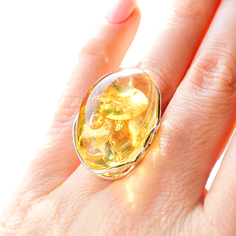 Lemon Amber Free Shape Adjustable Ring Sterling Silver