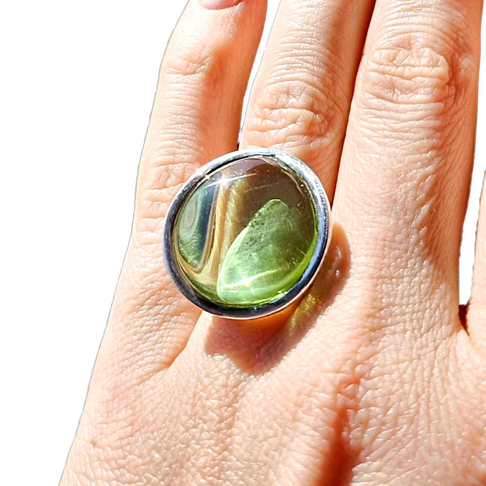 Green Amber Free Shape Adjustable Ring Sterling Silver
