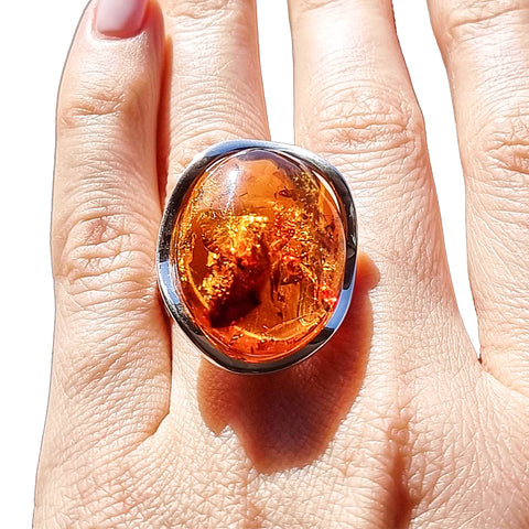 Cognac Amber Free Shape Adjustable Ring Sterling Silver