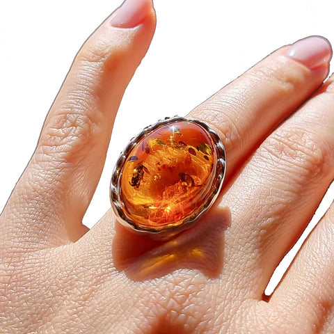 Cognac Amber Free Shape Adjustable Ring Sterling Silver