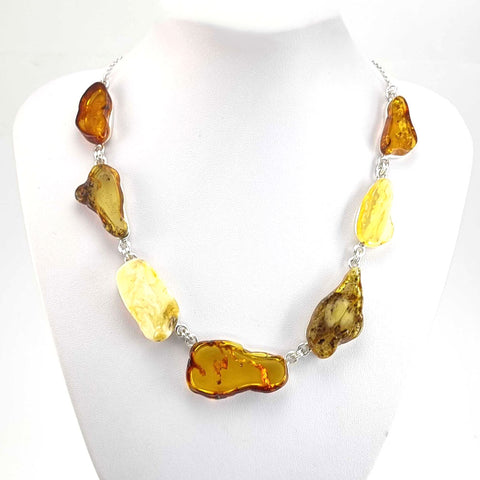 Multi-Color Amber Slab Necklace Sterling Silver