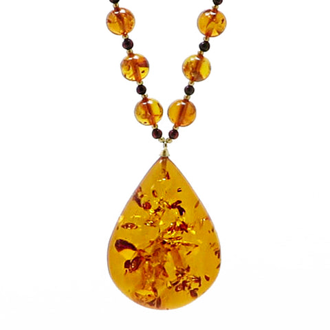 Cognac Amber Drop Pendant Beaded Necklace - Amber Alex Jewelry