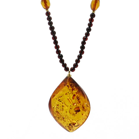 Cognac Amber Flame Pendant Beaded Necklace - Amber Alex Jewelry