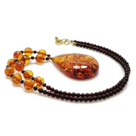 Cognac Amber Drop Pendant Beaded Necklace - Amber Alex Jewelry